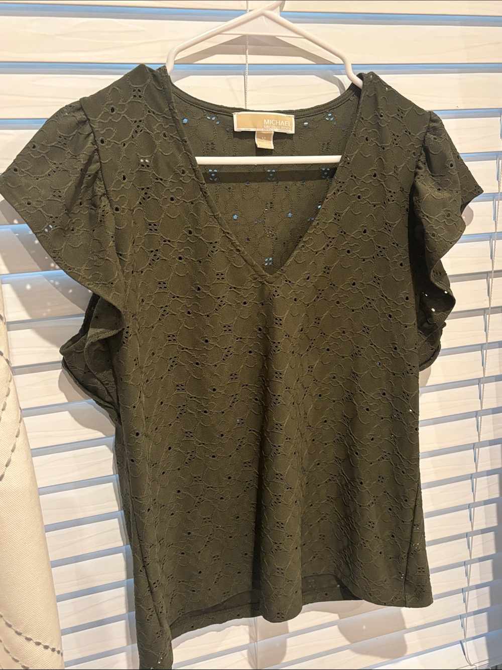 MICHAEL Michael Kors Olive Eyelet V-Neck Ruffle Sleeve Top